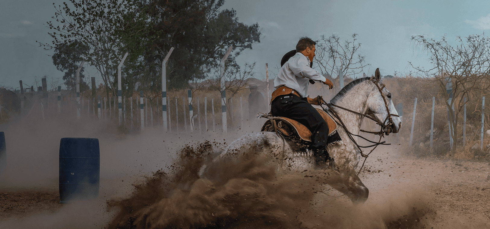 Cavaleiro em traje tradicional gaúcho levanta poeira ao fazer uma curva. Sobreposta está a palavra espanhola "gaucho" com sua tradução em português, "cavaleiro habilidoso".