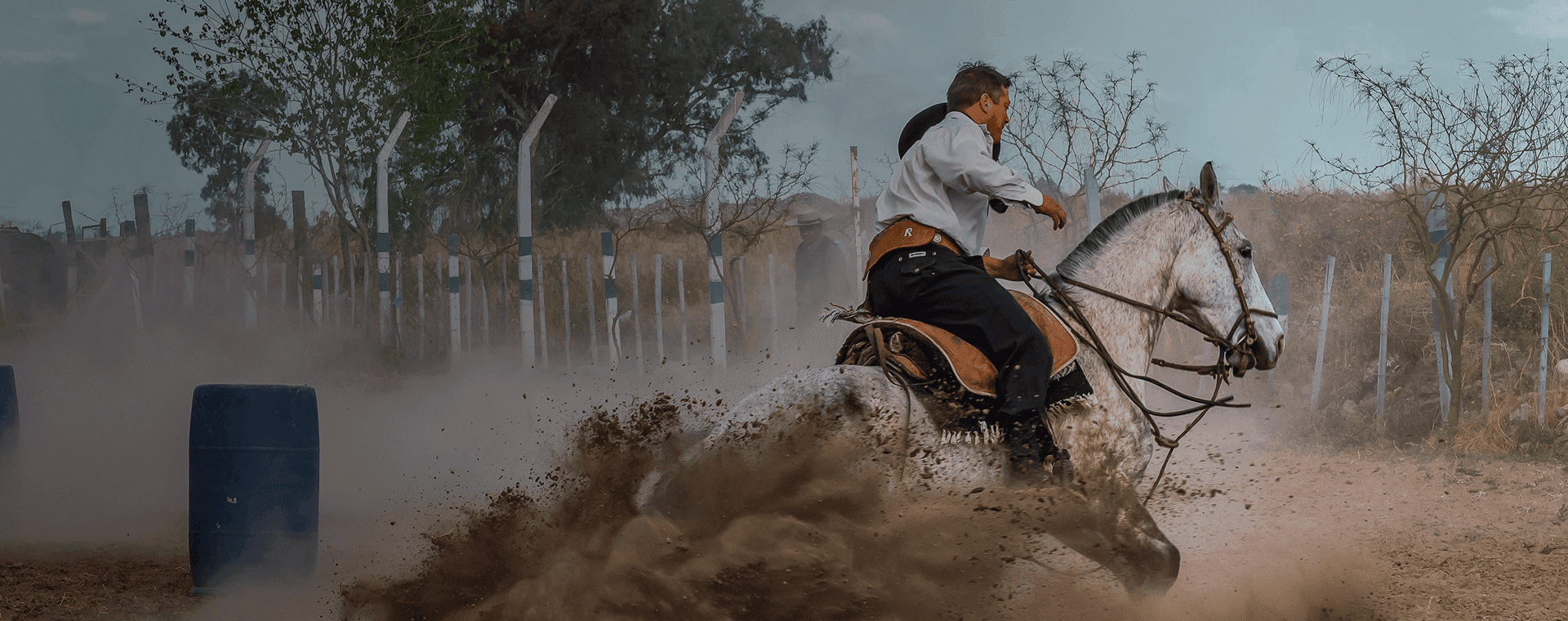 Cavaleiro em traje tradicional gaúcho levanta poeira ao fazer uma curva. Sobreposta está a palavra espanhola "gaucho" com sua tradução em português, "cavaleiro habilidoso".