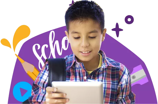 Uma criança do ensino fundamental usando Rosetta Stone em um tablet